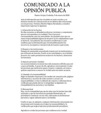 Verónica publicó en redes sociales un comunicado en el que asegura que las versiones ofrecidas tras su detención no corresponden a la realidad.
