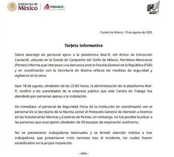 Tras el incidente, Pemex interpuso una denuncia ante la Fiscalía General de la República.