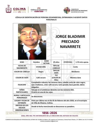 Ficha de búsqueda de Jorge Bladimir Preciado Navarrete. | Fiscalía de Colima