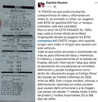 Daniela Munive mostró un comprobante para demostrar que presuntamente cubrió el monto de la deuda en una gasolinera de Puebla / Especial