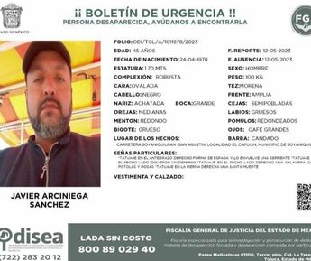 Ficha de búsqueda de Javier Arcienega Sánchez / FGJEM.