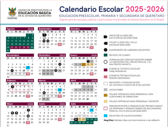 Calendario oficial ciclo escolar 2025-2026 de la Unidad de Servicios para la Educación Básica en el Estado de Querétaro
