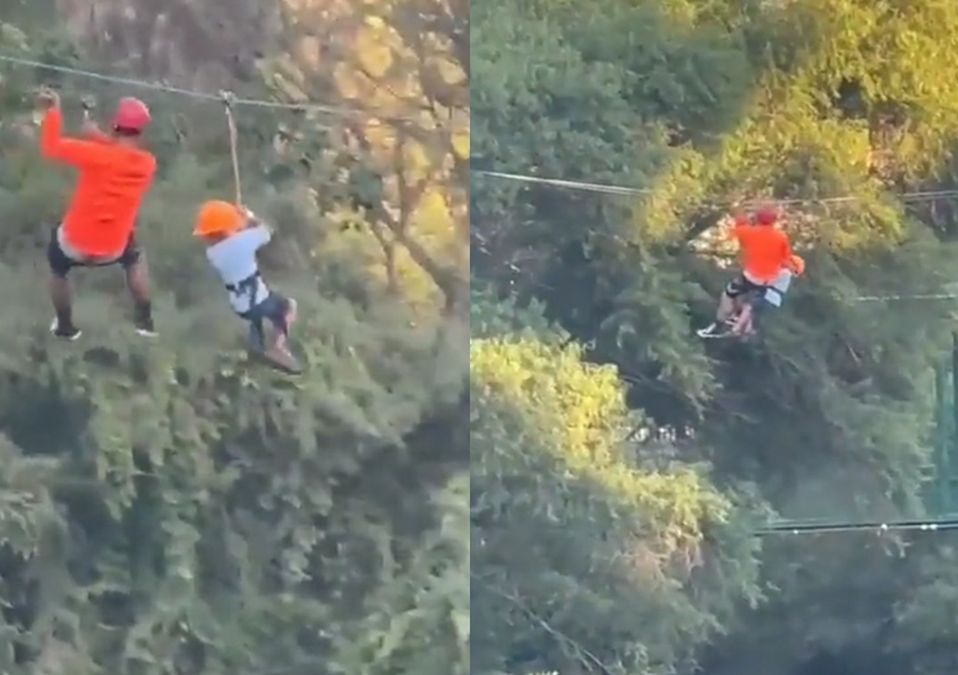 Captan caída de niño en tirolesa del Parque Fundidora en Monterrey. | Especial