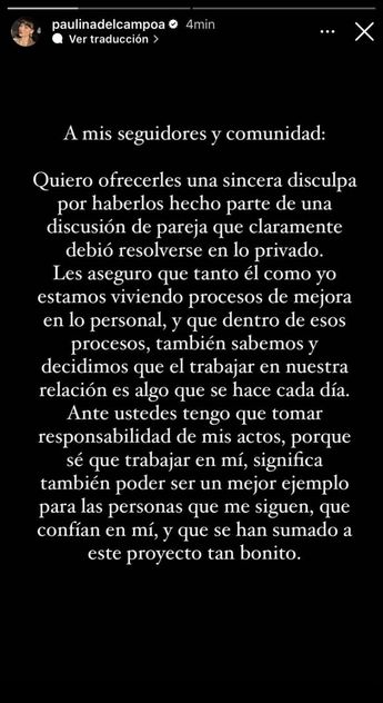 Paulina pidió disculpas en su historia de Instagram.