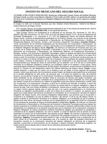 Acuerdo IMSS ACDO.AS2.HCT.101026/302.P.DG en el DOF.