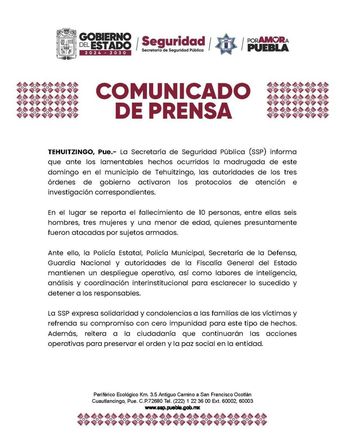 Comunicado oficial de la Secretaría de Seguridad Pública, luego del ataque armado en Tehuitzingo / SSP Puebla