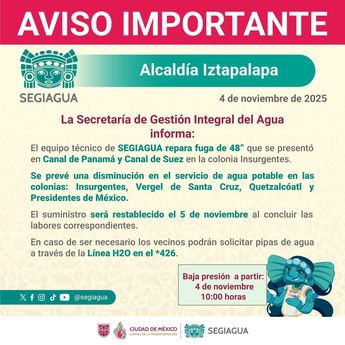 La reducción de agua afectará a 4 colonias | @SEGIAGUA