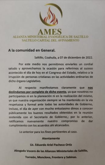 La Alianza Ministerial Evangélica de Saltillo se deslindó de esta acción.