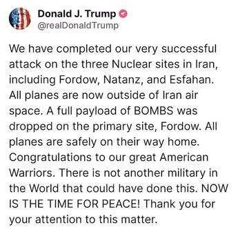 Trump calificó de "exitoso" el ataque en Irán | Truth Social