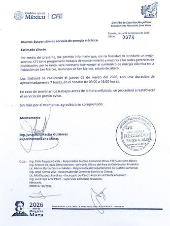 Anuncio de corte de luz. | Gobierno de San Marcos Jalisco