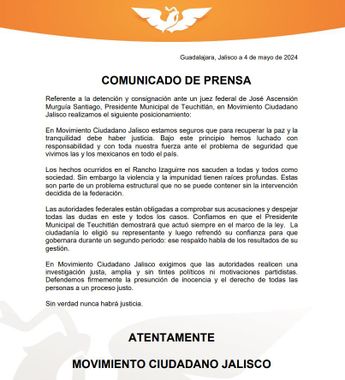 Comunicado de prensa de Movimiento Ciudadano sobre detención del alcalde de Teuchitlán | Especial