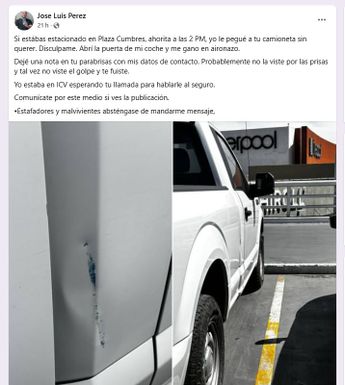 El joven publicó fotografías en Facebook de la camioneta que dañó. | Especial