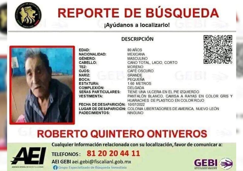 Monterrey. Emiten reporte de búsqueda por adulto mayor desaparecido