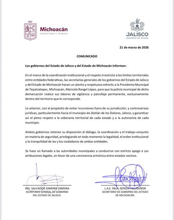 Comunicado oficial de gobiernos de Jalisco y Michoacán