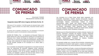 La SEP emitió un comunicado para informar sobre la suspensión de clases en Puebla por el Frente Frío 16 | SEP Puebla