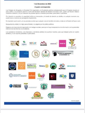 Carta de diferentes asociaciones exhortando a que el proceso se lleve a cabo debidamente en el marco legal. | Cortesía