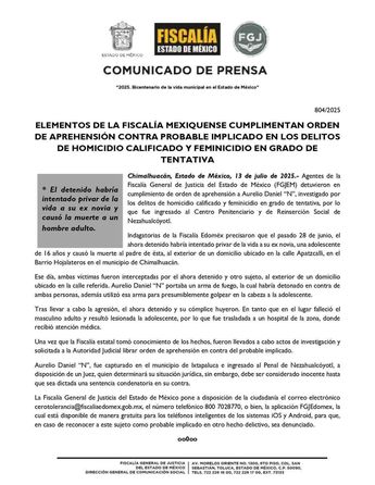 La Fiscalía Edomex emitió un comunicado sobre los hechos | Fiscalía Edomex