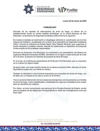 La SSC emitió un comunicado para informar sobre lo ocurrido en Bosques de San Sebastián / SSC Puebla
