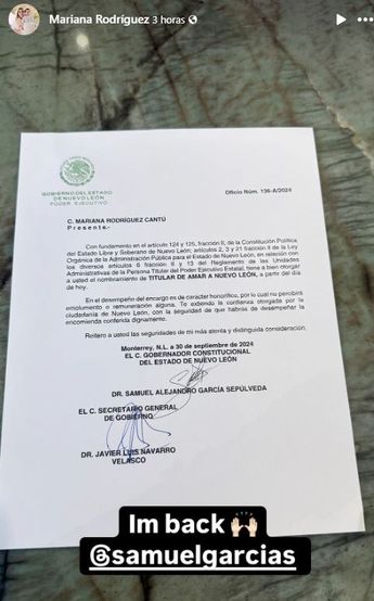 Oficio en el que Samuel García nombra a Mariana Rodríguez como titular de Amar a Nuevo León. | Cortesía