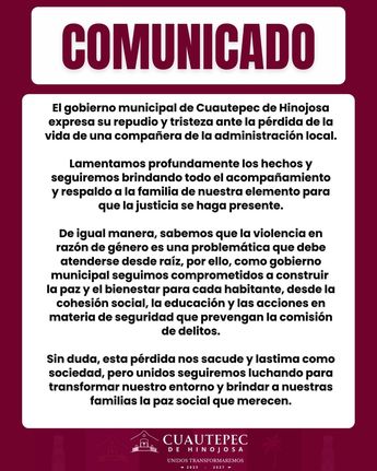Comunicado del Ayuntamiento de Cuautepec de Hinojosa donde confirma que mujer encontrada muerta era oficial de policía