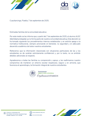 Este es el comunicado emitido por el Instituto D'Amicis donde se notifica la suspensión de Axel / Especial