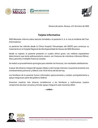 El IMSS-Bienestar refirió que la mujer fue trasladada a sus instalaciones en estado crítico, muriendo después de una cirugía / Cortesía
