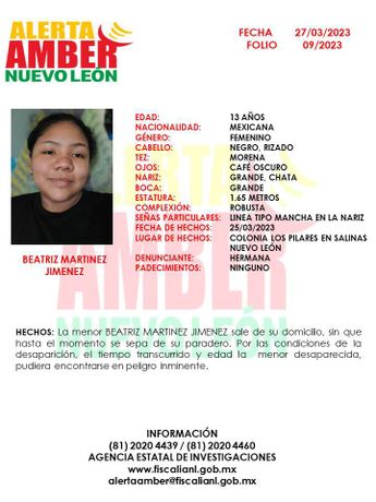 La Fiscalía de Nuevo León activó la Alerta Amber. | Cortesía