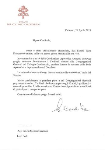 La invitación a los preparativos para el Cónclave ha sido enviada a todos los cardenales en el mundo. | Telediario