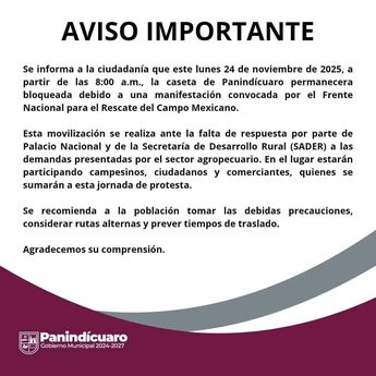 Autoridades de Panindícuaro ya han comunicado sobre el cierre de carretero en su localidad. | Gobierno de Panindícuaro