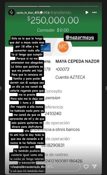 Santa Fe Klan publicó en sus redes sociales la cantidad de dinero que manda a Maya Nazor mes con mes. Foto: Instagram.