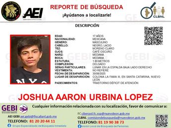 Ficha de búsqueda de Joshua Aaron Urbina López de 17 años. | Cortesía