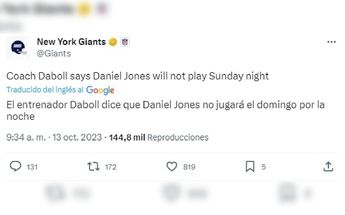 Tweet de Giants sobre ausencia de Daniel Jones / CORTESÍA: @Giants