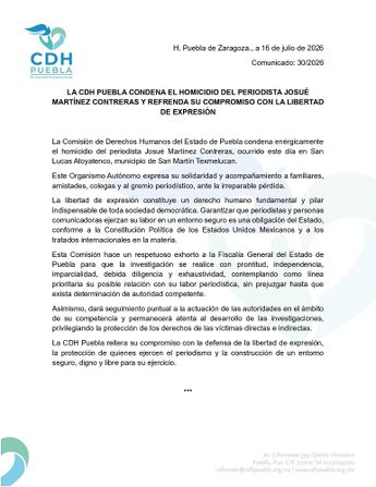 La CDH exhortó a la FGE actuar con prontitud y contemplar que su labor periodística pudo detonar el crimen / X: @CDHPuebla