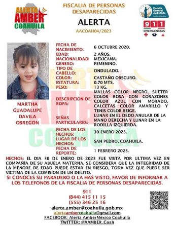 Reportan desaparición de la bebé Martha Guadalupe Dávila