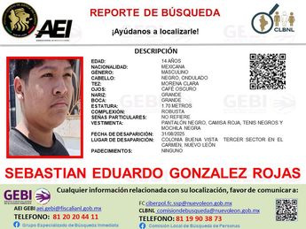 Ficha de búsqueda de Sebastián Eduardo González Rojas de 14 años de edad. | Cortesía