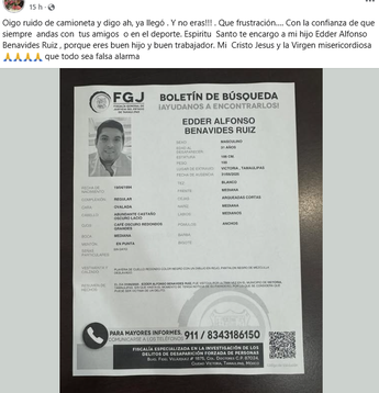 Así fue la publicación de la mamá de Edder en Tamaulipas. | Especial