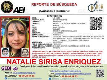 Ficha de búsqueda de Natalie Sirisa Enríquez de 40 años y sus dos hijos menores de edad. | Cortesía