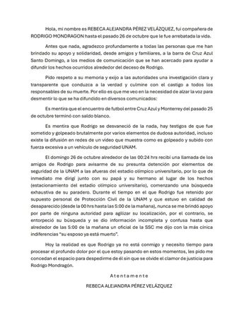 Rebeca Alejandra Pérez, esposa del aficionado de Cruz Azul asesinado en el Estadio Olímpico Universitario. / Cortesía