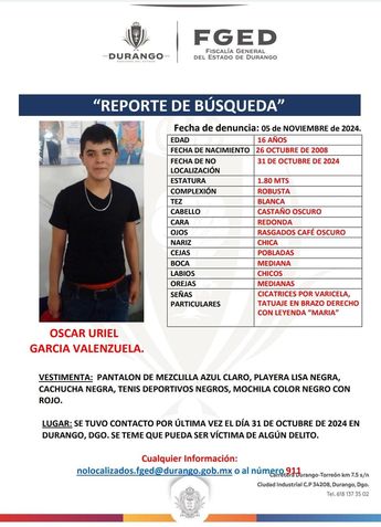 Oscar Uriel, vestía la última vez que se le vio, un pantalón de mezclilla azul claro, playera lisa negra, gorra negra, tenis deportivos negros.