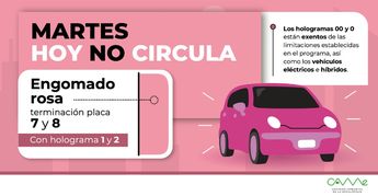 Los días martes, los autos con engomado rosa y terminación de placa 7 y 8 no circulan | CAMe