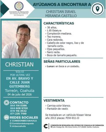 Al momento de ser visto por última vez, el hombre vestía una camisa de color blanco y pantalón de vestir.
