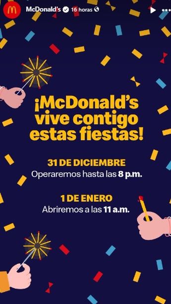 McDonald's dio a conocer sus horarios de cierre y apertura para el 31 de diciembre y 1 de enero / Cortesía