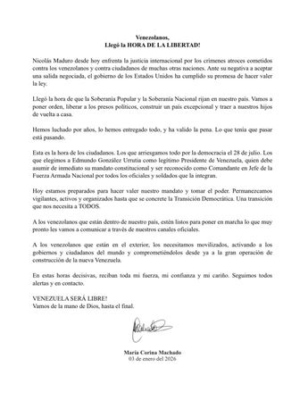 Comunicado de María Corina Machado en sus redes sociales.