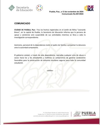 SEP Puebla dio a conocer la suspensión del señalado mientras se mantenga la investigación / Cortesía