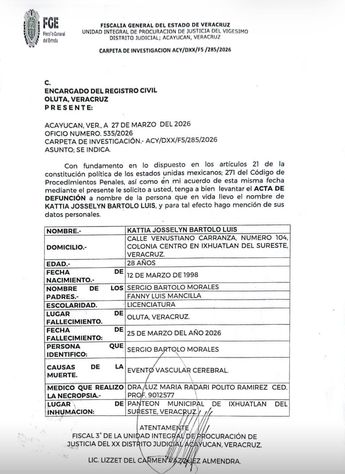 Acta de defunción de Kattia Josselyn Bartolo Luis.