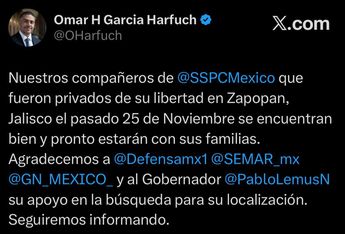 Los agentes desaparecieron al realizar un operativo en Zapopan, en la zona de Virreyes | X: Omar García Harfuch
