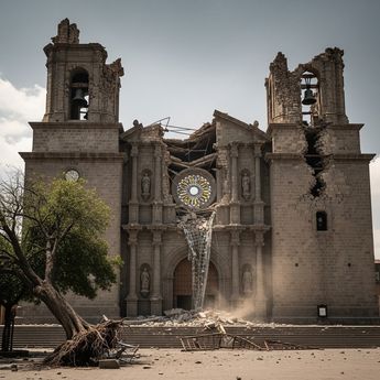 Las altas torres de la catedral y su cúpula serían las primeras en caer. El peso de estas estructuras haría que se derrumbaran por completo (Chat GPT)