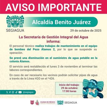 El suministro de agua se reanudará el lunes 3 de noviembre | X @Segiagua