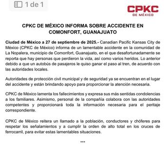 A través de un comunicado Candian Pacific Kansas City de México lamentó el fatal accidente.