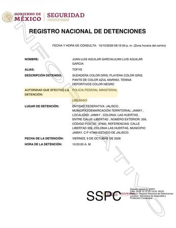 La carta del registro y liberación sin especificaciones de Juan Aguilar | Registro Nacional de Detenciones